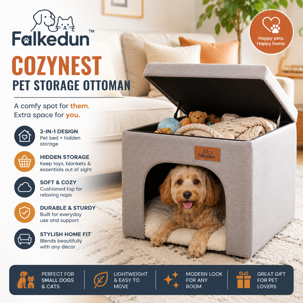 Falkedun™ CozyNest Pet Storage Ottoman